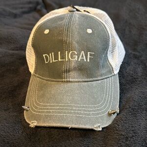 Custom trucker cap with white mesh back and DILLIGAF decal.